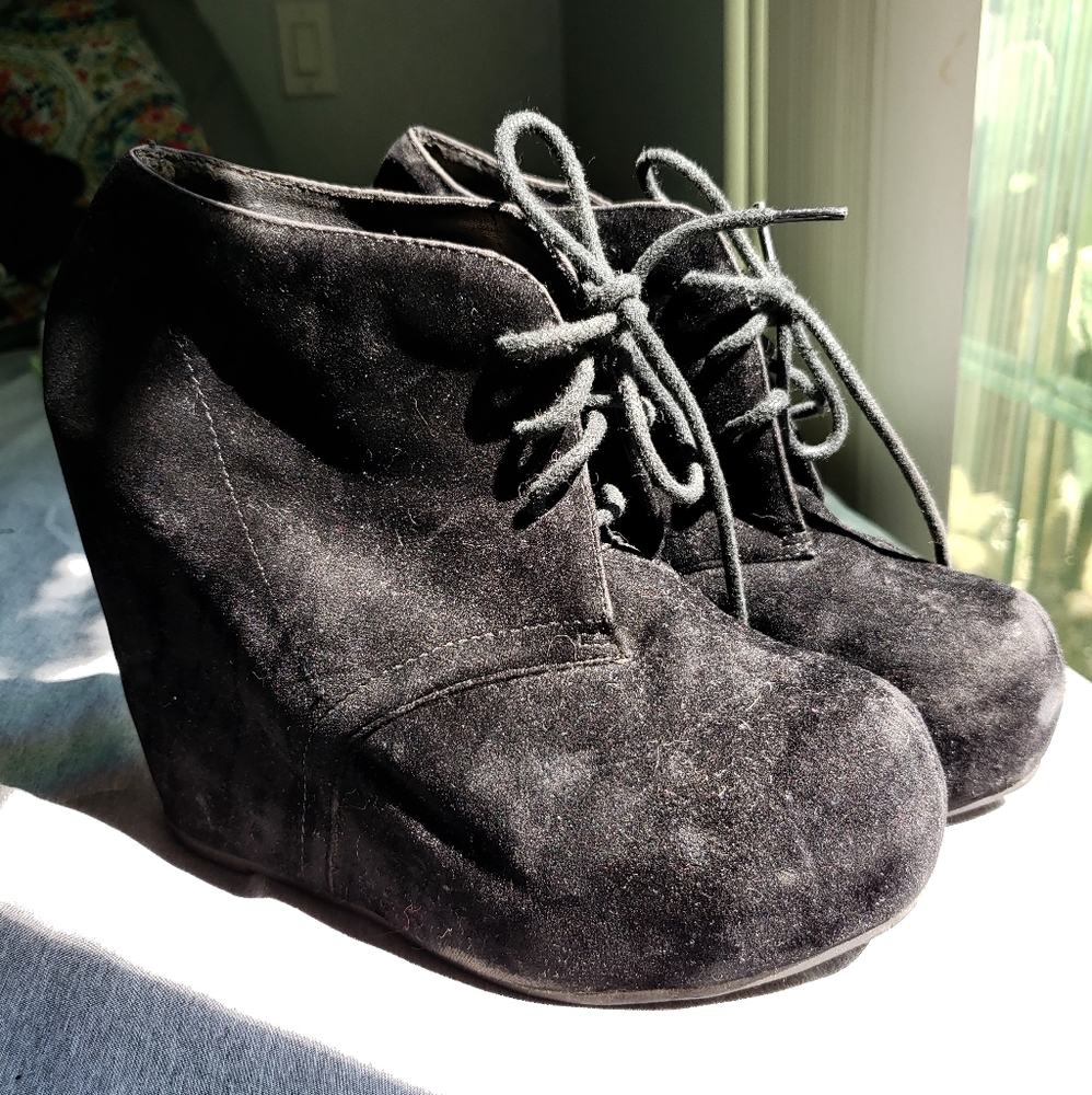 Womens black suede wedged booties